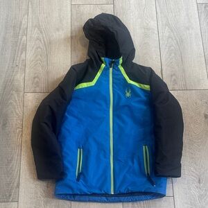 Spyder Kids Ski Jacket in Blue and Black with Green Accents